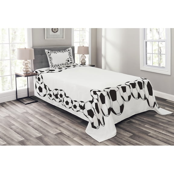 Ambesonne Soccer Quilted Bedspread Set 2 Pcs, Football Frame Pattern, Twin Size, White Charcoal Grey