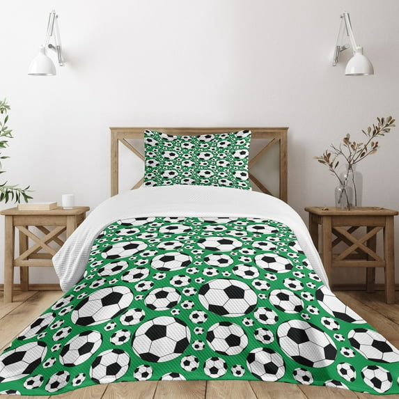 Ambesonne Soccer Quilted Bedspread Set 2 Pcs, Popular Sports Motif, Twin Size, Green Black White