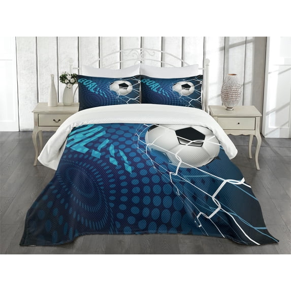 Ambesonne Soccer Quilted Bedspread Set 3 Pcs, Abstract Goal Pattern, King Size, Blue Black White
