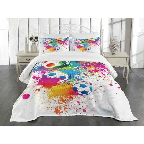 Ambesonne Soccer Quilted Bedspread Set 3 Pcs, Colorful Splashes Balls, King Size, Multicolor