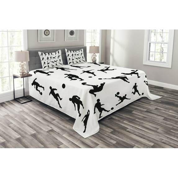 Ambesonne Soccer Quilted Bedspread Set 3 Pcs, Football Silhouettes, King Size, Black White