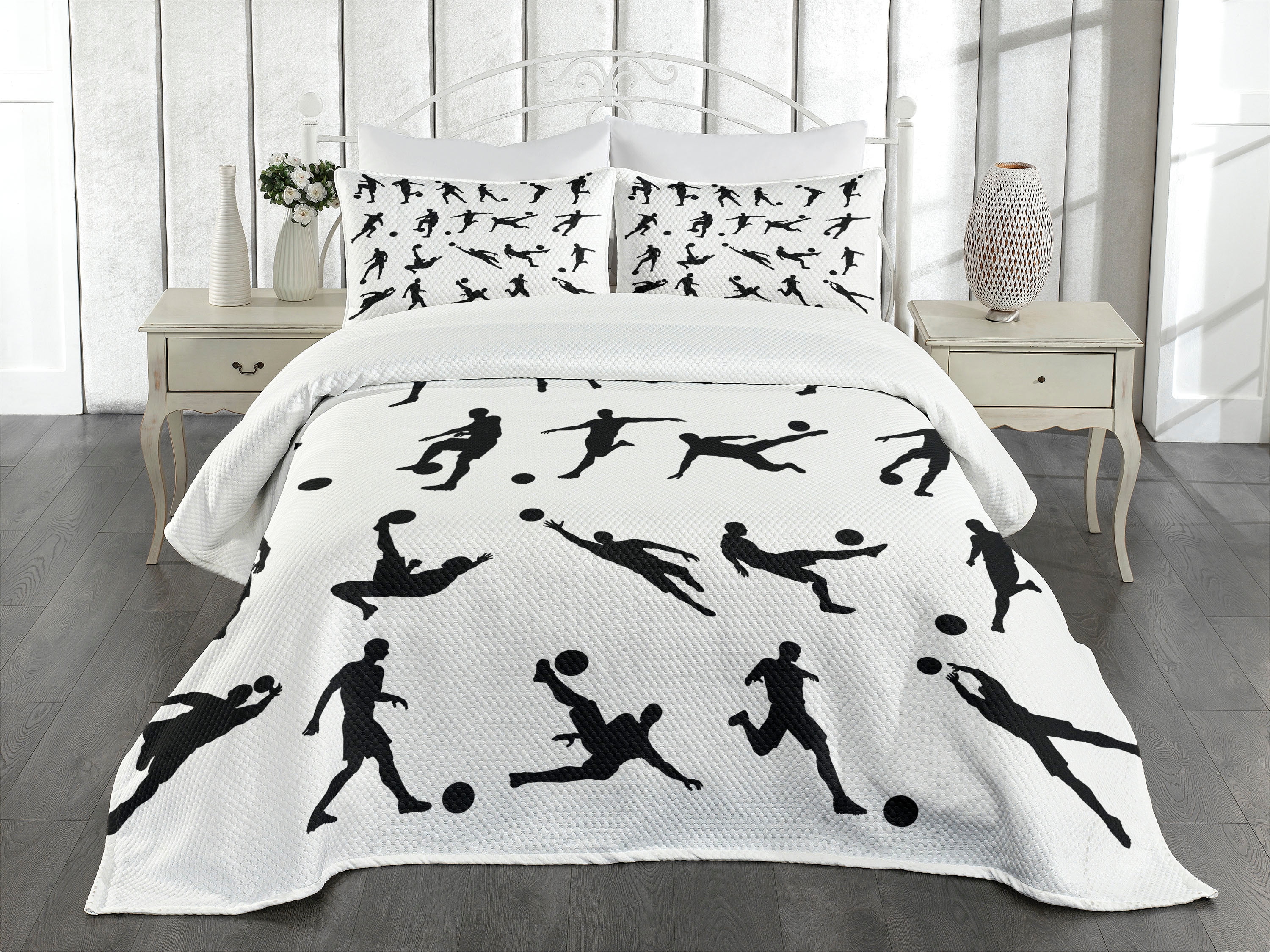 White Polyester Soccer Print Queen Bedspread Set