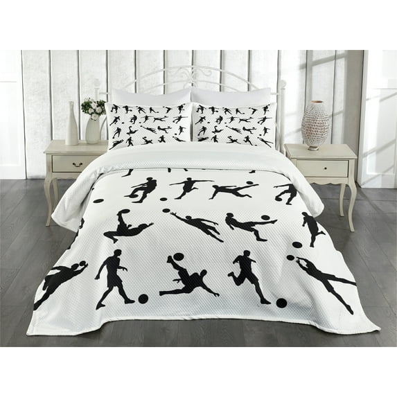 Ambesonne Soccer Quilted Bedspread Set 3 Pcs, Football Silhouettes, Queen Size, Black White