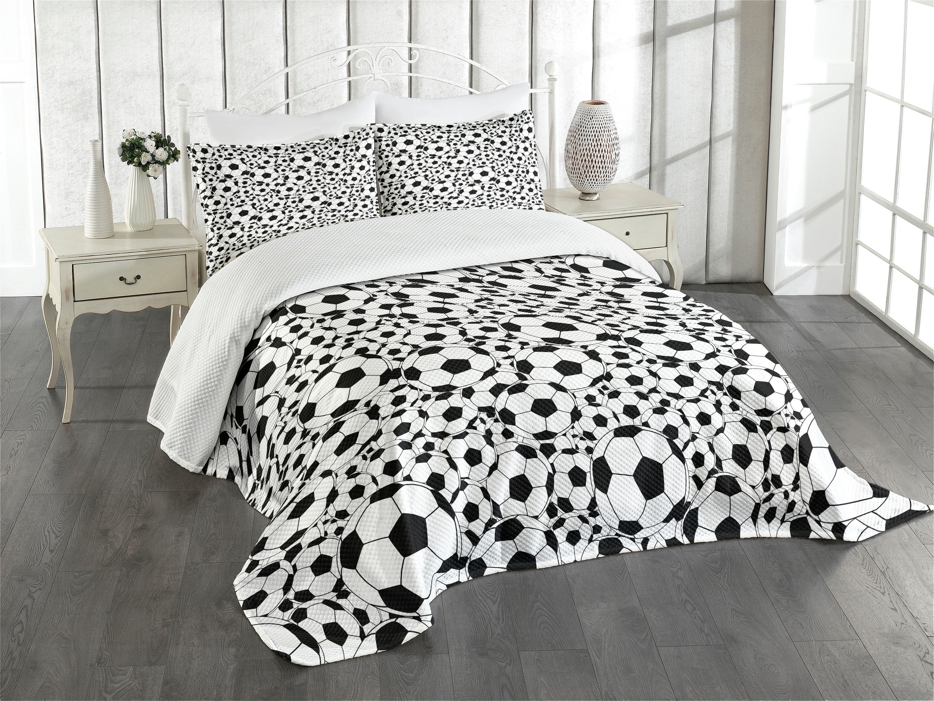 Soccer Theme Black and White Quilted Queen Bedspread Set
