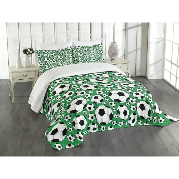 Ambesonne Soccer Quilted Bedspread Set 3 Pcs, Popular Sports Motif, King Size, Green Black White