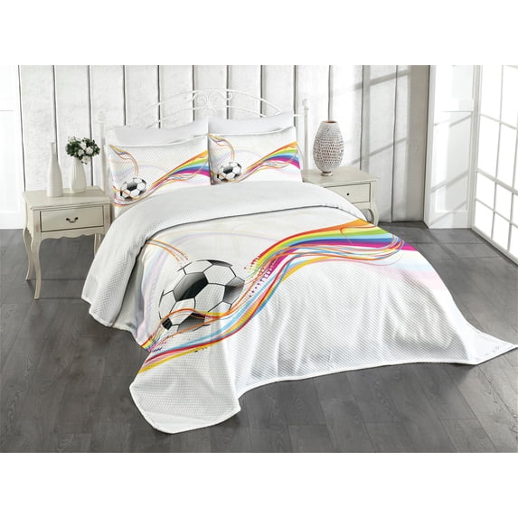 Ambesonne Soccer Quilted Bedspread Set 3 Pcs, Rainbow Pattern Line, King Size, Multicolor