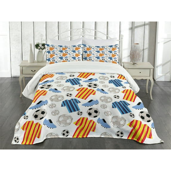 Ambesonne Soccer Quilted Bedspread Set 3 Pcs, Sports Clothes Shoes, Queen Size, Multicolor