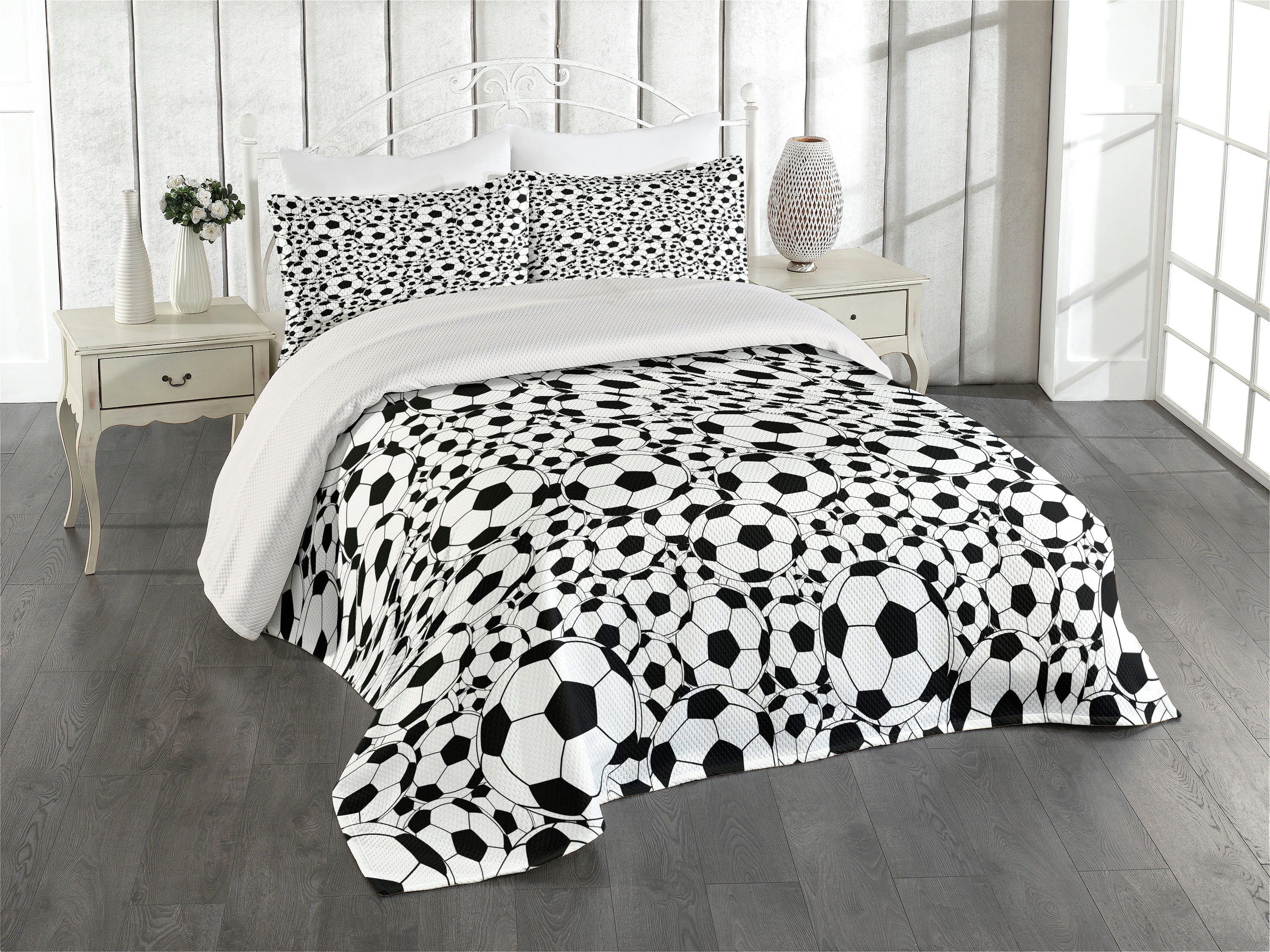 Soccer Theme Black and White Quilted Queen Bedspread Set