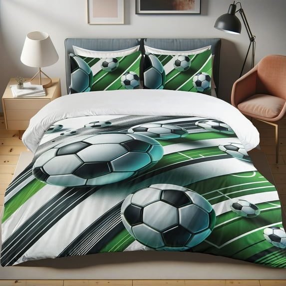 Ambesonne Soccer Themed Duvet Cover Set, Footballs and Stripes, Calking, Fern Green Off White Grey