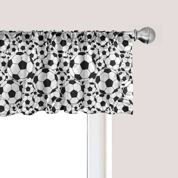 Ambesonne Soccer Window Valance, Monochrome Balls Boys, 54" X 18", Black White