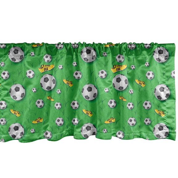 Ambesonne Soccer Window Valance, Shoes Balls on Grass, 54" X 18", Lime Green Yellow Black