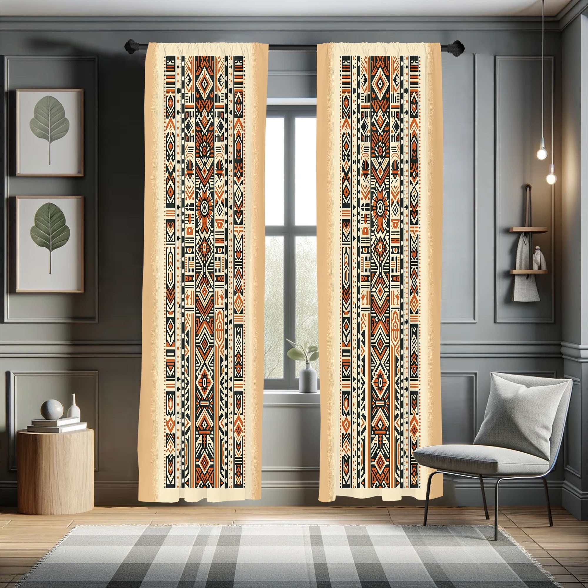 Southwestern Ethnic Tribal Gray Orange Microfiber Curtain Panels