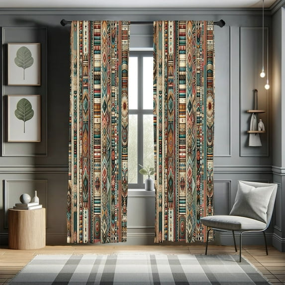 Ambesonne Southwestern Curtains 2 Panel Set, Jumble Ethnic Stripes, Pair of - 28" x 84", Teal Dark Coral Eggshell