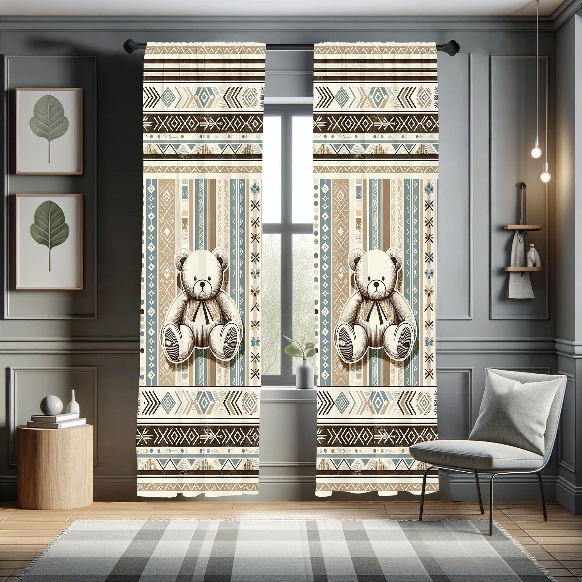 Blue and Beige Southwestern Bear Pattern Light-Filtering Curtain Set