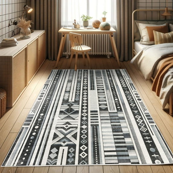 Ambesonne Southwestern Decorative Rug Carpet, Monochrome Cultural, 2' x 5', Black White and Blue Grey