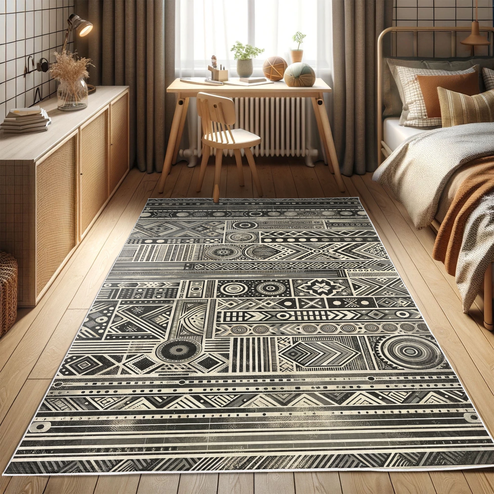 Charcoal Grey and Ivory Geometric Synthetic Area Rug 2'5" x 5'