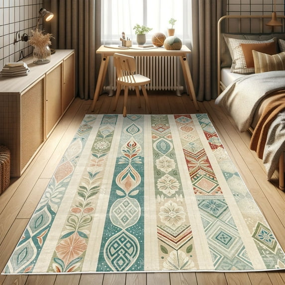 Ambesonne Southwestern Decorative Rug Carpet, Pastel Ethnic Botany, 2' x 5', Teal Eggshell and Paprika