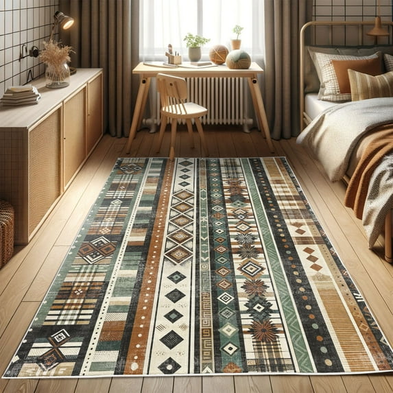 Ambesonne Southwestern Decorative Rug Carpet, Squares Boho Ethnic, 2' 5" x 5', Redwood Dark Taupe