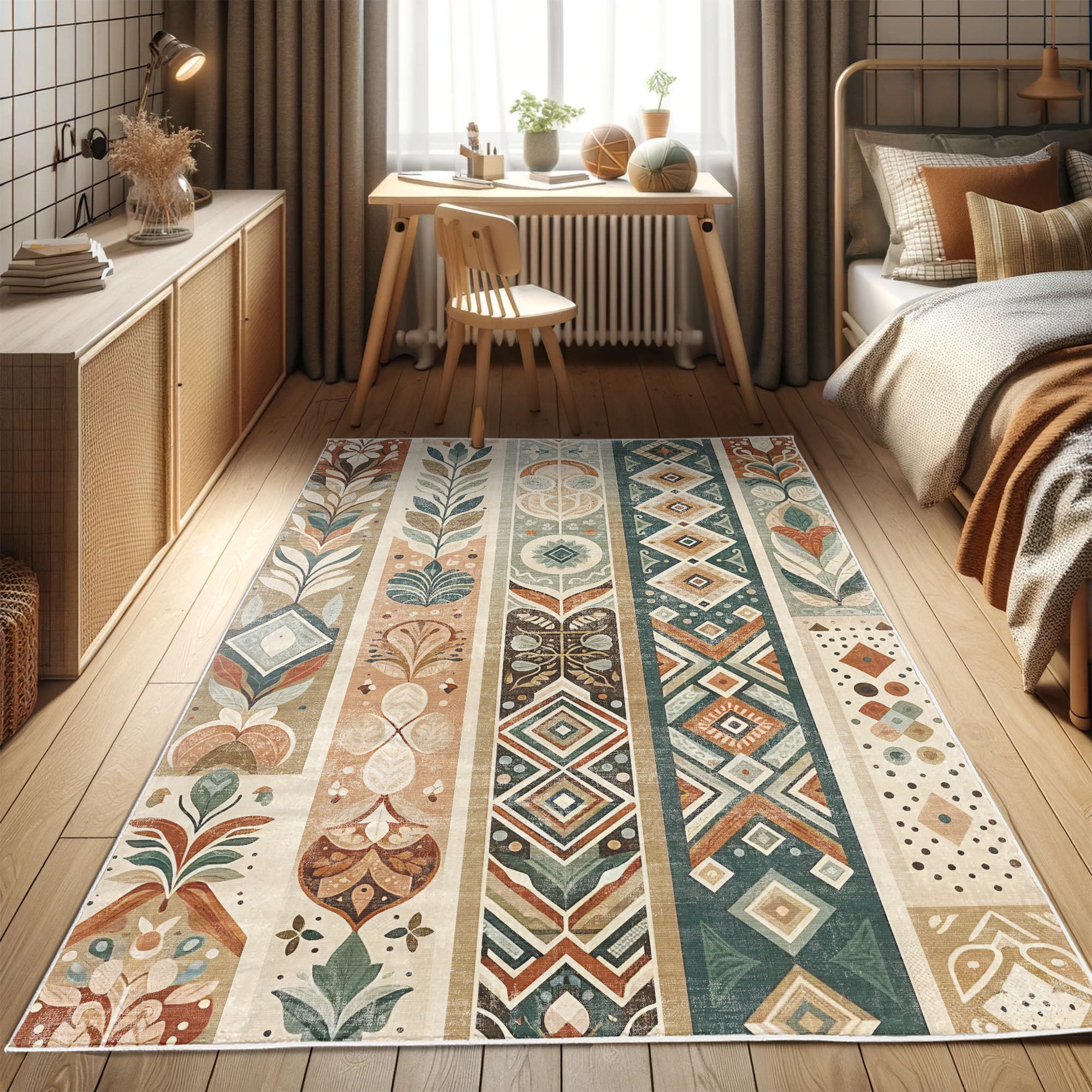 Southwestern Boho Ethnic Striped Blue and Tan Runner Rug