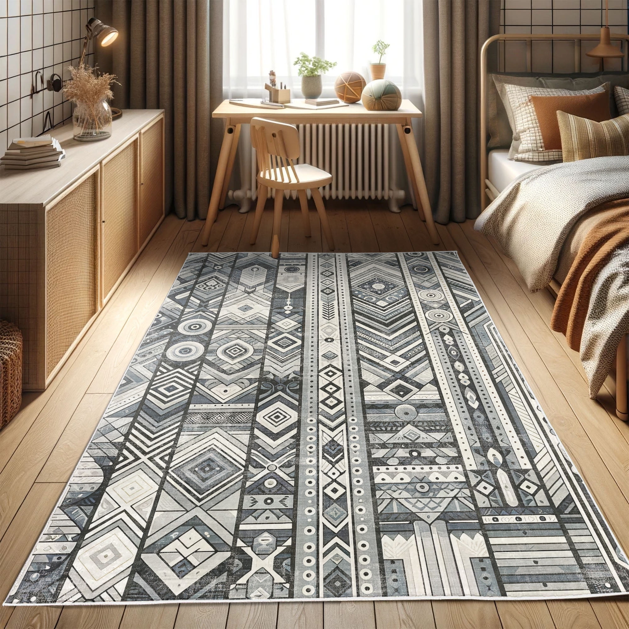 Dark Blue and White Tribal Stripe Synthetic Area Rug, 2'5" x 5'