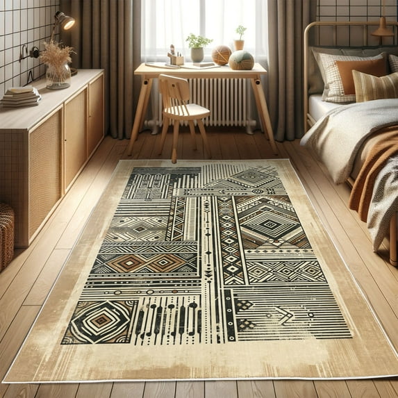Ambesonne Southwestern Decorative Rug Carpet, Weathered Geometric, 2' 2" x 3' 7", Beige Brown Black