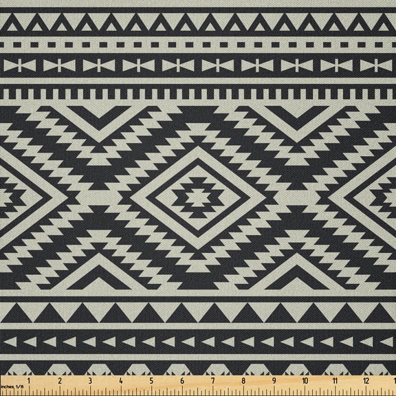 Ambesonne Southwestern Fabric by the Yard Microfiber, Geometric, 1 Yard, Black and Eggshell