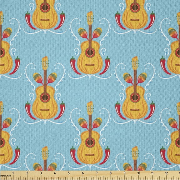 Ambesonne Southwestern Fabric by the Yard Microfiber, Guitar Maracas Peppers, 10 Yards, Dark Pink Marigold Green