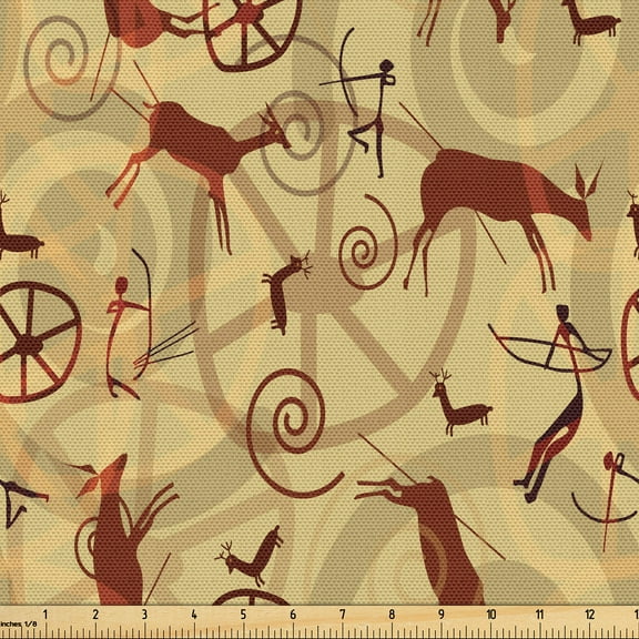 Ambesonne Southwestern Fabric by the Yard Upholstery, Prehistoric Art, 10 Yards, Pale Yellow Brown
