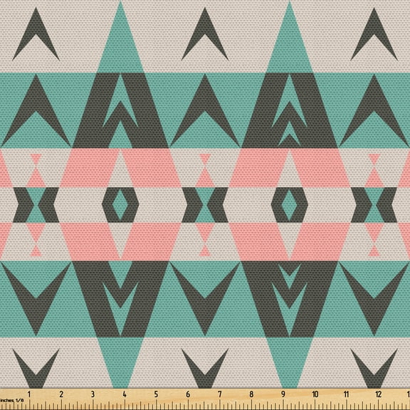 Ambesonne Southwestern Fabric by the Yard Upholstery, Triangle Tribal Border, 1 Yard, Blush Cadet Blue Beige