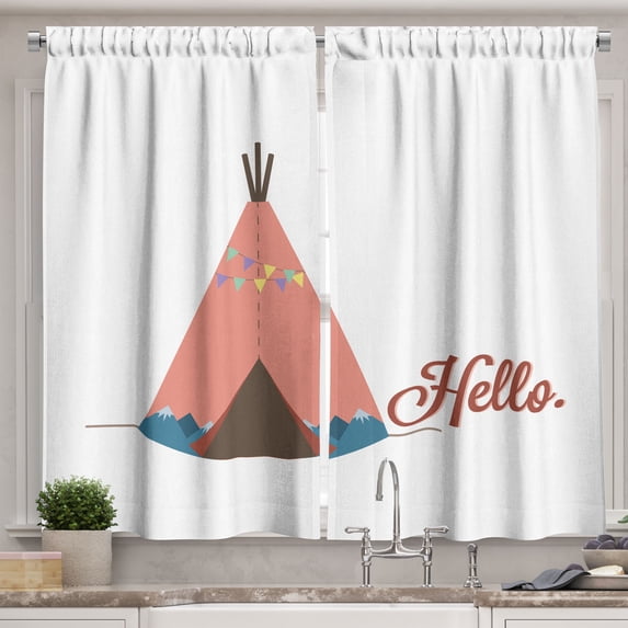 Ambesonne Southwestern Kitchen Curtains, Tribal Tent and Hello, 55"x36", Coral Pale Redwood and Blue