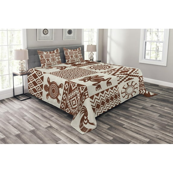 Ambesonne Southwestern Quilted Bedspread Set 3 Pcs, Grunge Native Tile, Queen Size, Redwood and Eggshell