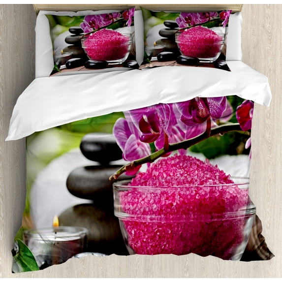 Ambesonne Spa Duvet Cover Set, Black Stones, 2-Calking, Fuchsia Black and Green