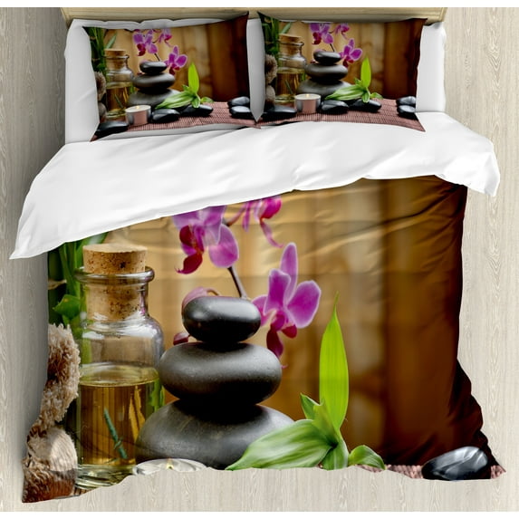 Ambesonne Spa Duvet Cover Set, Warm Stones and Flowers, Queen, Purple Black and Green
