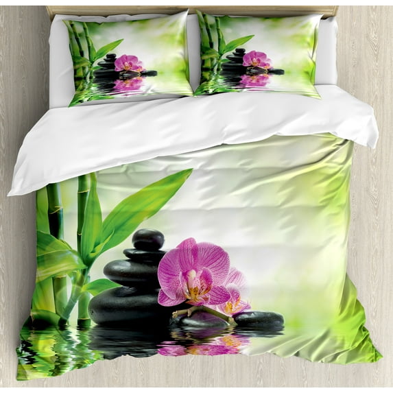 Ambesonne Spa Duvet Cover Sets, Orchids Rocks Water, 2-King, Green Pink