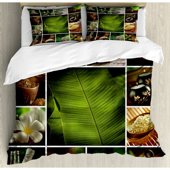 Ambesonne Spa Duvet Cover Sets, Stone Herbal Botanic Plant, 2-King, Green White and Brown