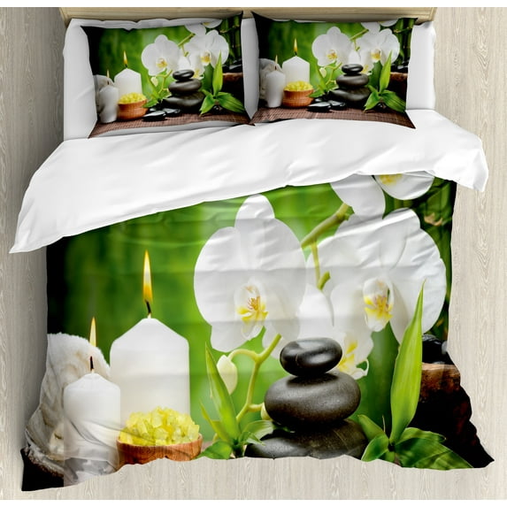 Ambesonne Spa Duvet Cover Sets, Stones and Orchids, 2-King, White Green and Black