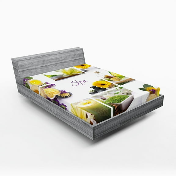 Ambesonne Spa Fitted Sheet, Happy Day with Flowers, Full Size, Yellow Purple and White