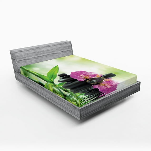 Ambesonne Spa Fitted Sheet, Orchids Rocks Water, Queen Size, Green Pink