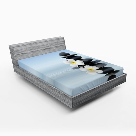 Ambesonne Spa Fitted Sheet, Stones Plumeras, Full Size, Pale Blue and Grey