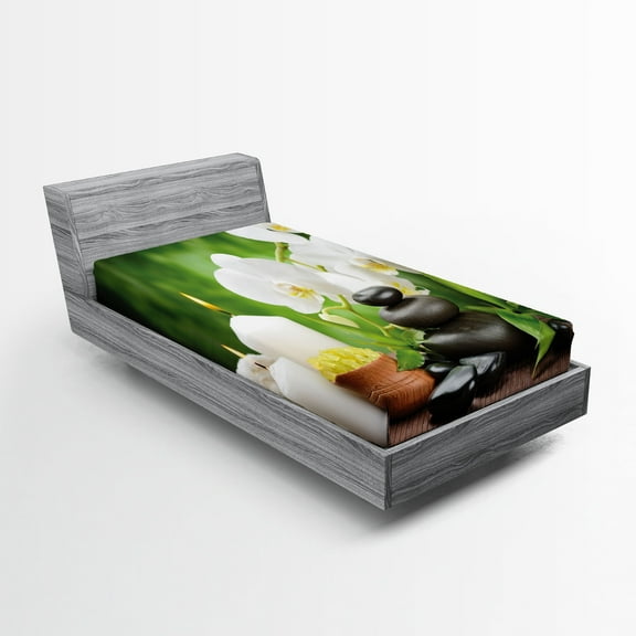 Ambesonne Spa Fitted Sheet, Stones and Orchids, Twin Size, White Green and Black