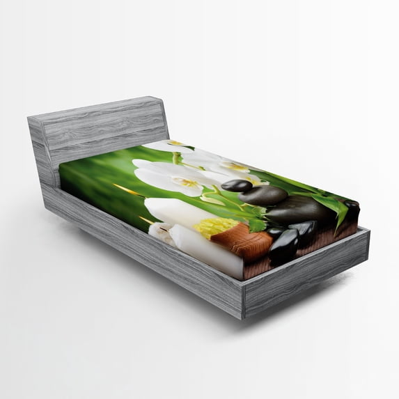 Ambesonne Spa Fitted Sheet, Stones and Orchids, Twin Size, White Green and Black