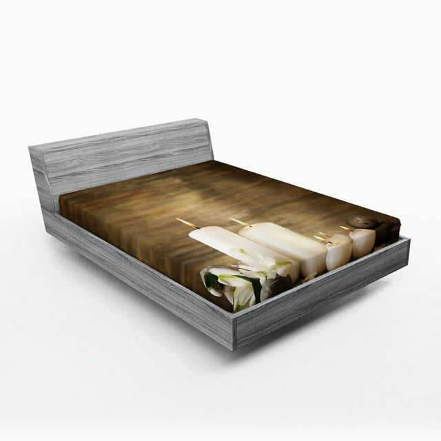 Ambesonne Spa Fitted Sheet, Wooden Stones Flower Petal, Full Size, Brown and White