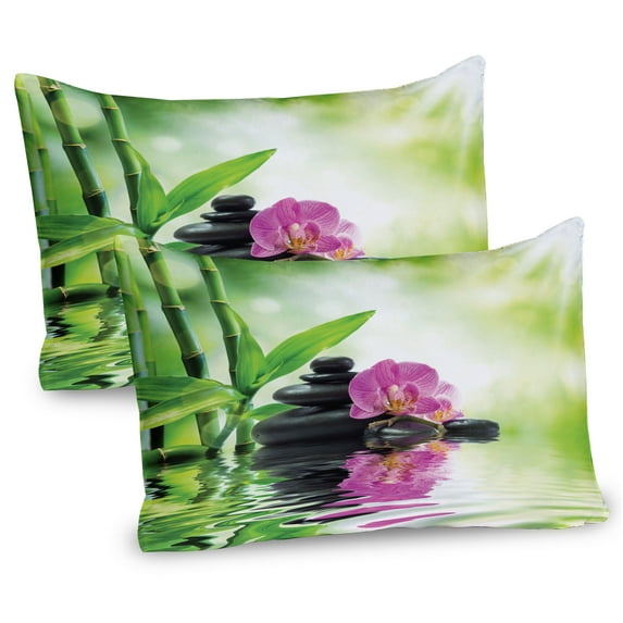 Ambesonne Spa Pillow Sham 2 Pack, Orchids Rocks Water, 26"x20", Green Pink