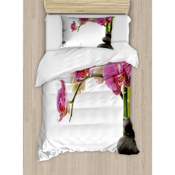 Ambesonne Spa Print Duvet Cover Sets, Closeup Orchid Flowers, 2-Twin, Fuchsia Green and Grey