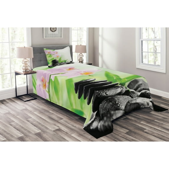 Ambesonne Spa Quilted Bedspread Set 2 Pcs, Basalt Stones Orchid, Twin Size, Black Pink Green