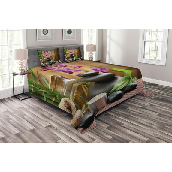 Ambesonne Spa Quilted Bedspread Set 3 Pcs, Warm Stones and Flowers, Queen Size, Purple Black and Green