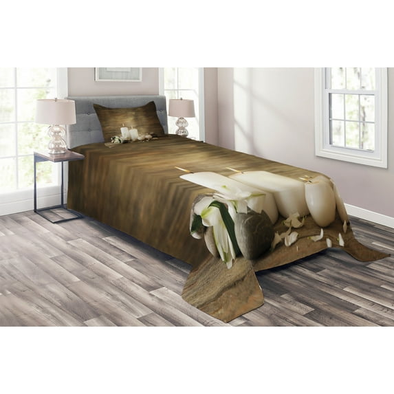 Ambesonne Spa Quilted Coverlet 2 Pcs, Wooden Stones Flower Petal, Twin Size, Brown and White