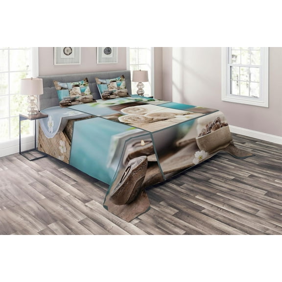 Ambesonne Spa Quilted Coverlet 3 Pcs, Collage Flowers, King Size, Blue and White