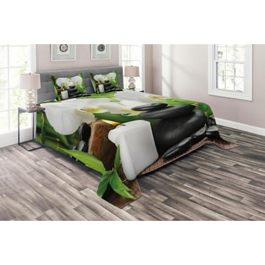 Ambesonne Spa Quilted Coverlet 3 Pcs, Orchids Stones Nature, Queen Size, Black White and Green
