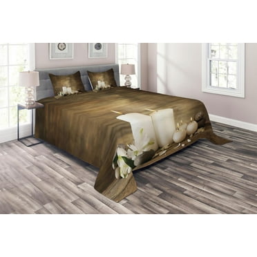 Ambesonne Spa Quilted Coverlet 3 Pcs, Wooden Stones Flower Petal, Queen Size, Brown and White